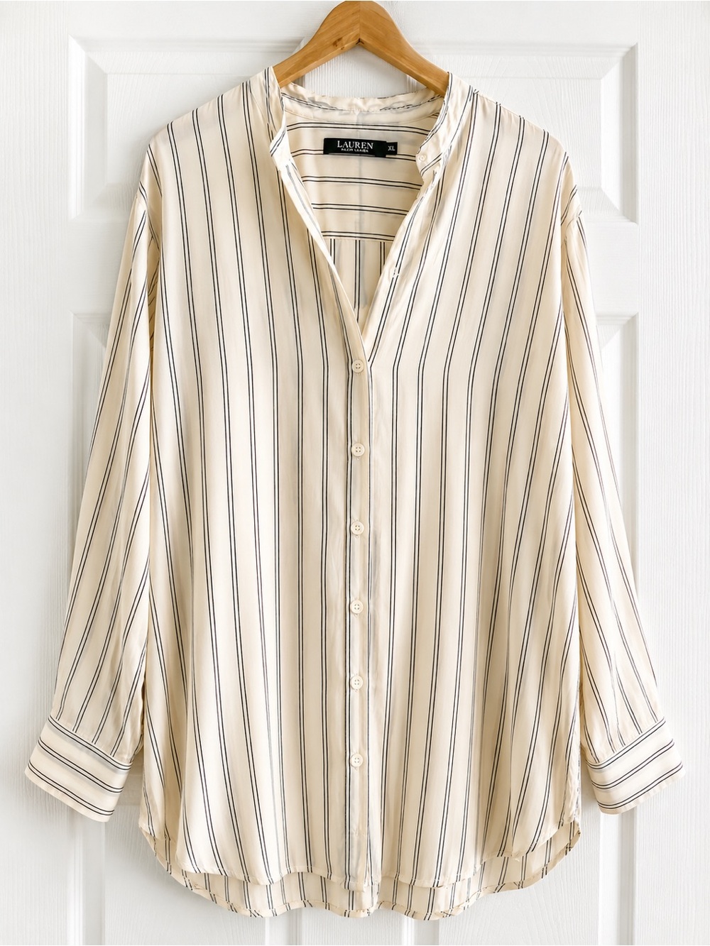 Lauren Ralph Lauren Cream Black Pin Stripe Oversized Silk Feel Blouse • XL
